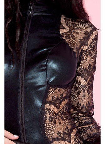 Body noir dentelle à manches longues empiècements devant derrière wetlook - ML80037BLK